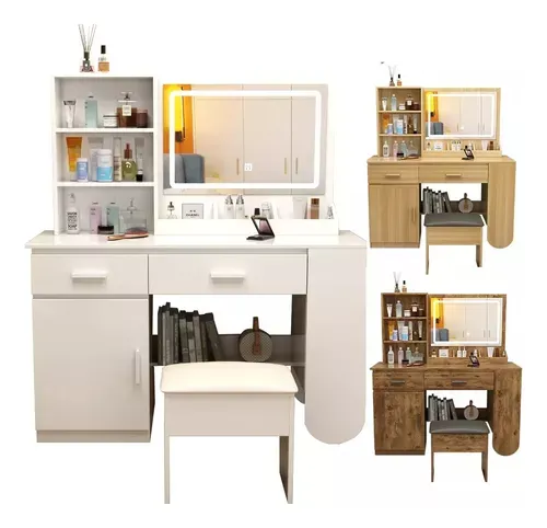 Tocador De Dormitorio Con Led Espejo Con Silla Compacto New Multifuncional Tocador Vanity Con Espejo Y Cajón Recamara