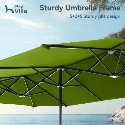 Sombrilla Solar para Patio de 15/13 pies con Base — Sombrilla Doble Extra Grande para Exteriores con 36 Luces LED y Manivela, Ideal para Jardín, Terraza, Piscina y Patio
