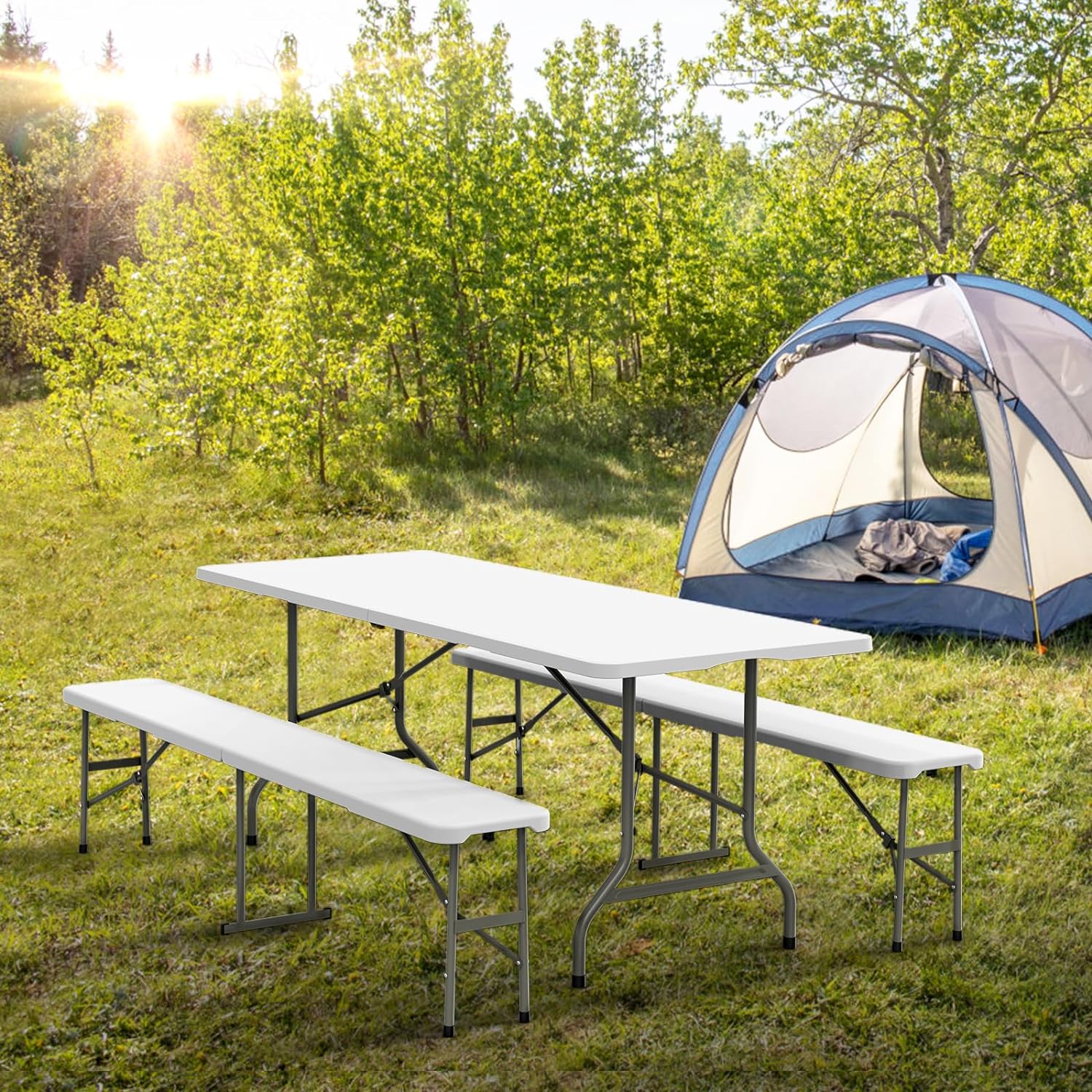 VINGLI Juego de mesa de picnic con 2 bancos, juego de sillas de mesa de camping de 6 pies, muebles plegables de 3 piezas para uso interior o exterior
