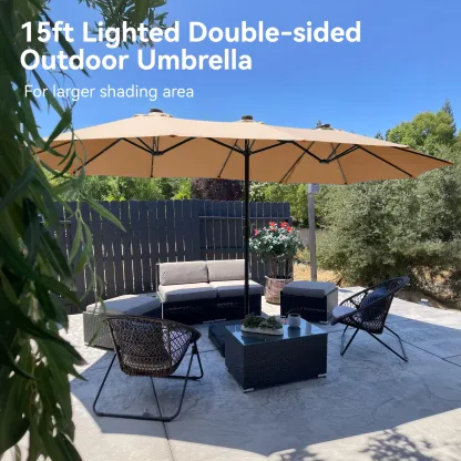 Sombrilla Solar para Patio de 15/13 pies con Base — Sombrilla Doble Extra Grande para Exteriores con 36 Luces LED y Manivela, Ideal para Jardín, Terraza, Piscina y Patio