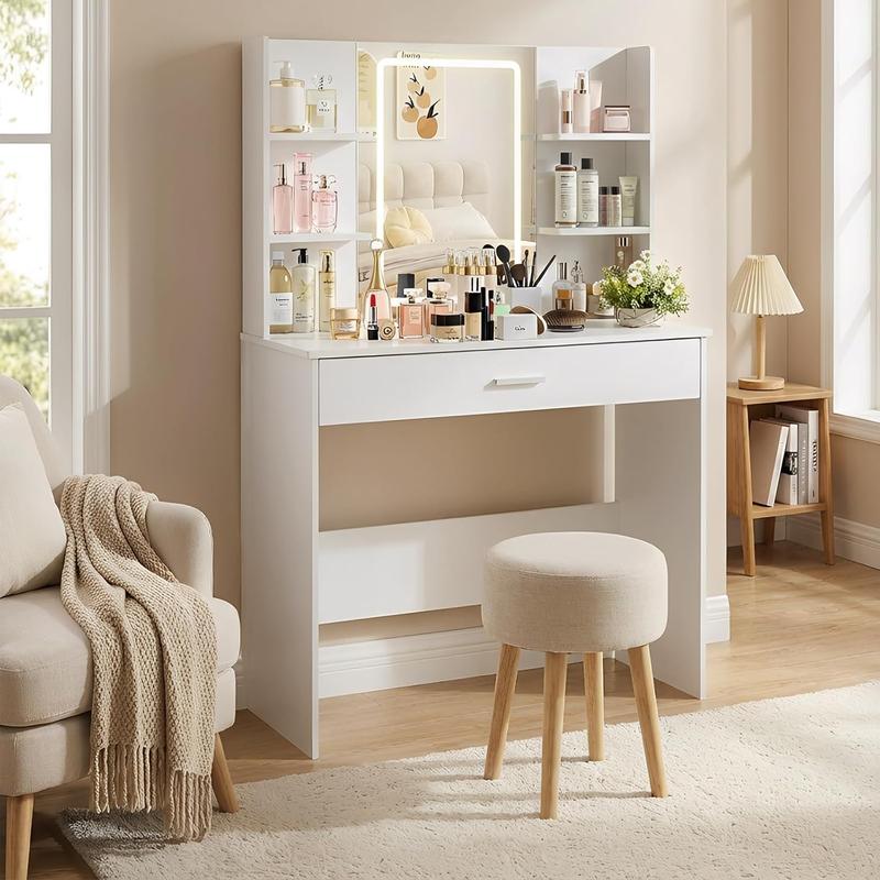 Tocador Moderno con Espejo, Mesa de Maquillaje con Cajón y Estantes, Organizador de Cosméticos para Dormitorio, Blanco
