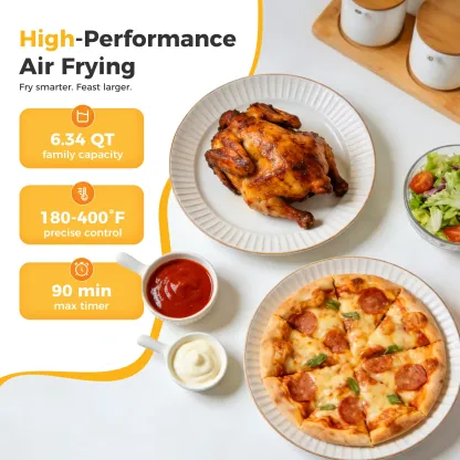 Freidora de aire 6.34QT con ventana, 8 funciones, 400°F, temporizador 90 min, canasta antiadherente apta para lavavajillas, acero inoxidable