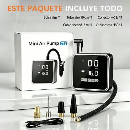 Inflador eléctrico portátil 5 en 1 con pantalla digital y función de apagado automático. Adecuado para coche, moto, bici y balón. Cuenta con batería recargable y modo power bank. Diseño ligero, inalámbrico y fácil de guardar, ideal para viajes y emergenci