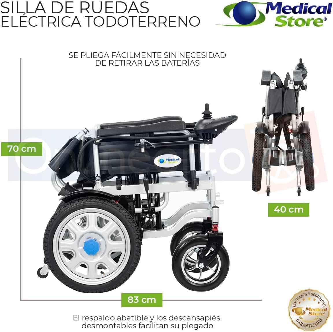 Medical Store de Lujo Silla De Ruedas Eléctrica, Modelo 101GMS, Silla Plegable de Acero de Alta Resistencia, Color Negro, Incluye Cinturón de seguridad y Control Joystick.
