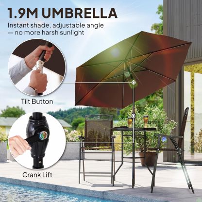 Outsunny - Juego de 4 Muebles de Comedor para Patio al Aire última intervensión, 2 sillas Plegables, Paraguas de ángulo Ajustable, Mesa de Comedor de Vidrio Templado con Textura Ondulada, Color café