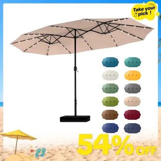 Phivilla Home – Sombrilla grande para patio exterior de 15 pies con base – Opción de luz LED, doble cara, manivela, impermeable