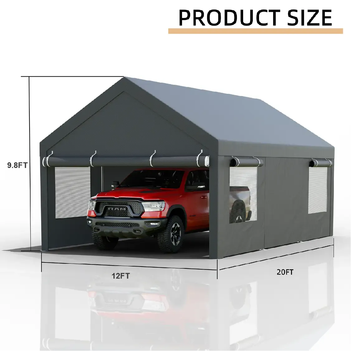Cobertizo para Auto 10/12x20 ft – Garaje Portátil para Exterior, Toldos de Alta Resistencia con Ventanas Ventiladas y Laterales Removibles, Protección contra Humedad para Vehículos, Fiesta, Campamento o Herramientas, PVC Duradero, Gris/Blanco