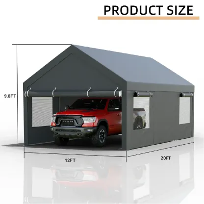 Cobertizo para Auto 10/12x20 ft – Garaje Portátil para Exterior, Toldos de Alta Resistencia con Ventanas Ventiladas y Laterales Removibles, Protección contra Humedad para Vehículos, Fiesta, Campamento o Herramientas, PVC Duradero, Gris/Blanco