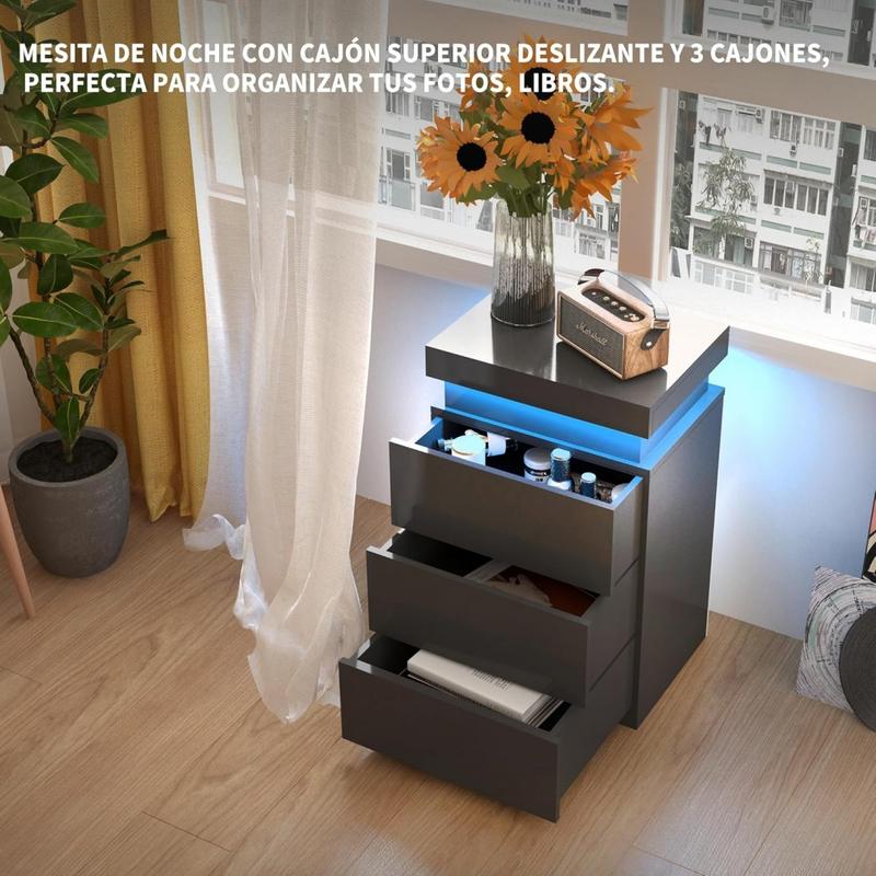 Mesita de Noche Inteligente con Luz LED Ajustable, 3 Cajones, Tapa Deslizante, Puertos USB y Tomas de Corriente, 45x35x68cm, Estación de Carga para Recámara, Negro