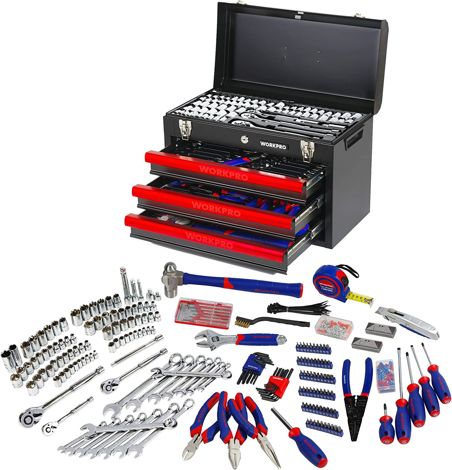 WorkPro - W009044A Juego de máquina herramienta de 408 piezas con caja de metal resistente de 3 cajones