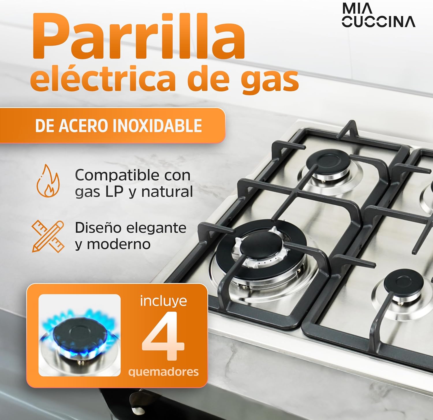 [Copy]Parrilla de Gas - Estufa Empotrable - Natural o LP | Estufa 5 Quemadores - Ideal para tu Hogar | Parrilla de Gas 5 Quemadores de Acero Inoxidable | Perfecta para Cocina Integral | MIA CUCCINA 63x53