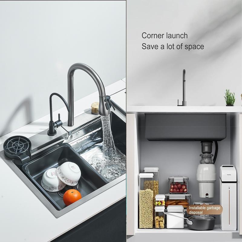 Fregadero de cocina, fregadero de acero inoxidable con cascada, fregadero moderno con dispensador y accesorios para bar, comedor y exterior (60 x 46 cm)