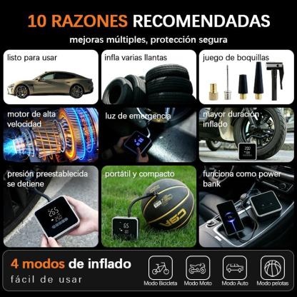Inflador eléctrico portátil 5 en 1 con pantalla digital y función de apagado automático. Adecuado para coche, moto, bici y balón. Cuenta con batería recargable y modo power bank. Diseño ligero, inalámbrico y fácil de guardar, ideal para viajes y emergenci