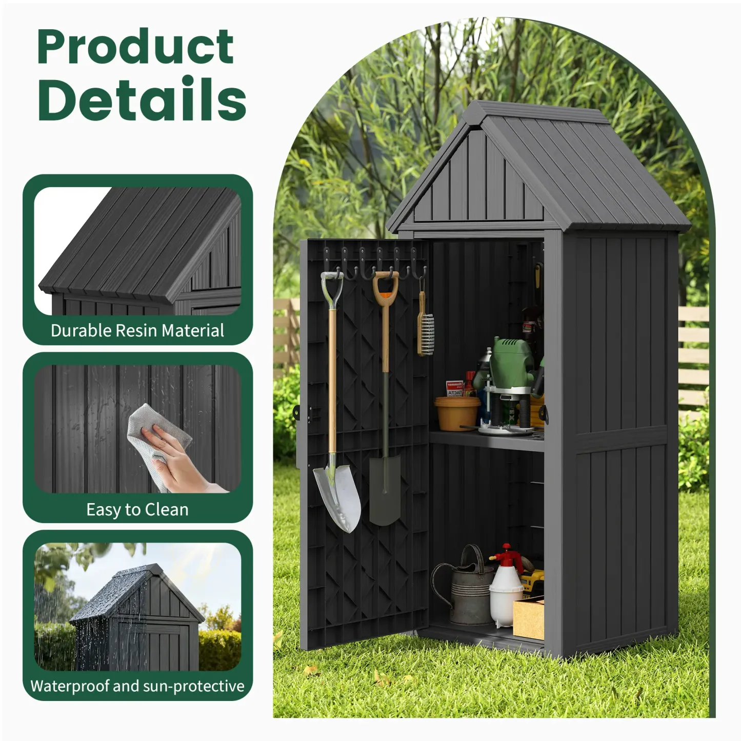 Armario de almacenamiento para exteriores, armario de limpieza, armario para herramientas, resistente a la lluvia y al agua, resistente al sol para patios y jardines en EE. UU., cuarto de herramientas de jardín, caja de almacenamiento para el patio traser