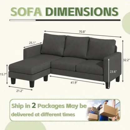 Sofá seccional convertible, sofá de 3 plazas en forma de L con tela de lino, otomana móvil Sofá pequeño para apartamentos pequeños, sala de estar y oficina (gris oscuro)