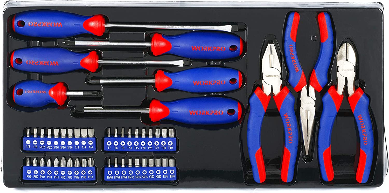 WorkPro - W009044A Juego de máquina herramienta de 408 piezas con caja de metal resistente de 3 cajones
