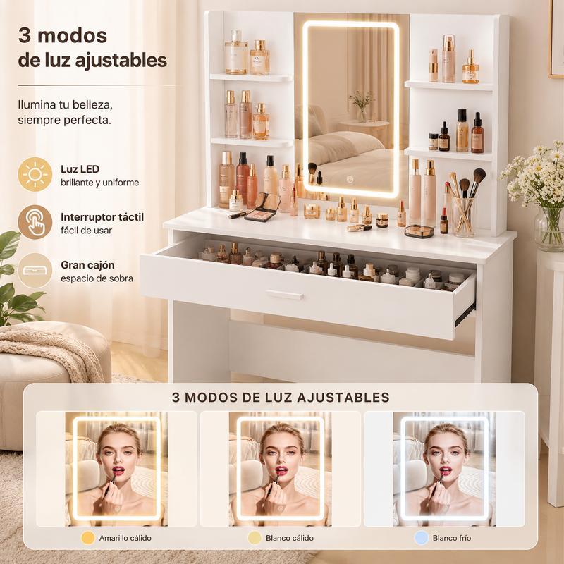 Tocador Moderno con Espejo, Mesa de Maquillaje con Cajón y Estantes, Organizador de Cosméticos para Dormitorio, Blanco