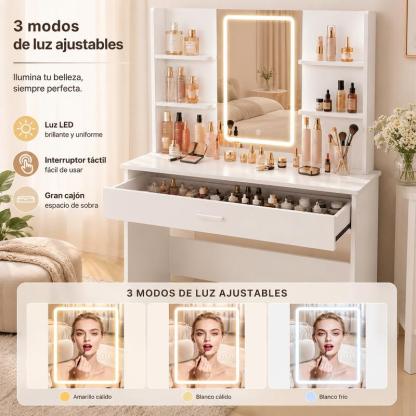 Tocador Moderno con Espejo, Mesa de Maquillaje con Cajón y Estantes, Organizador de Cosméticos para Dormitorio, Blanco