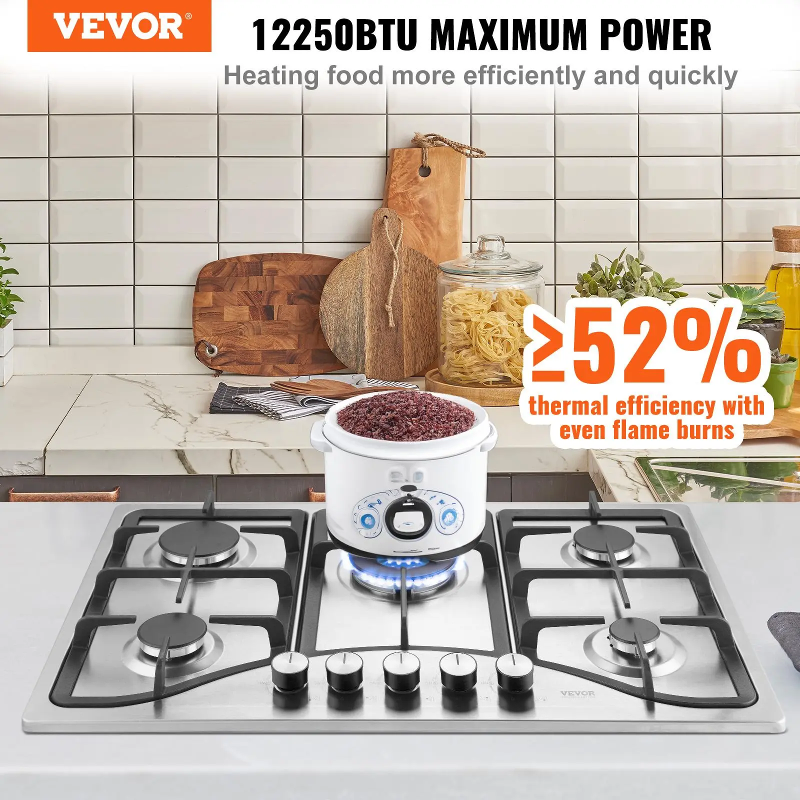 🔥 Placa de cocción de gas de 30 pulgadas con 5 quemadores integrados, con una potencia de hasta 12.250 BTU, compatible con gas natural y GLP.