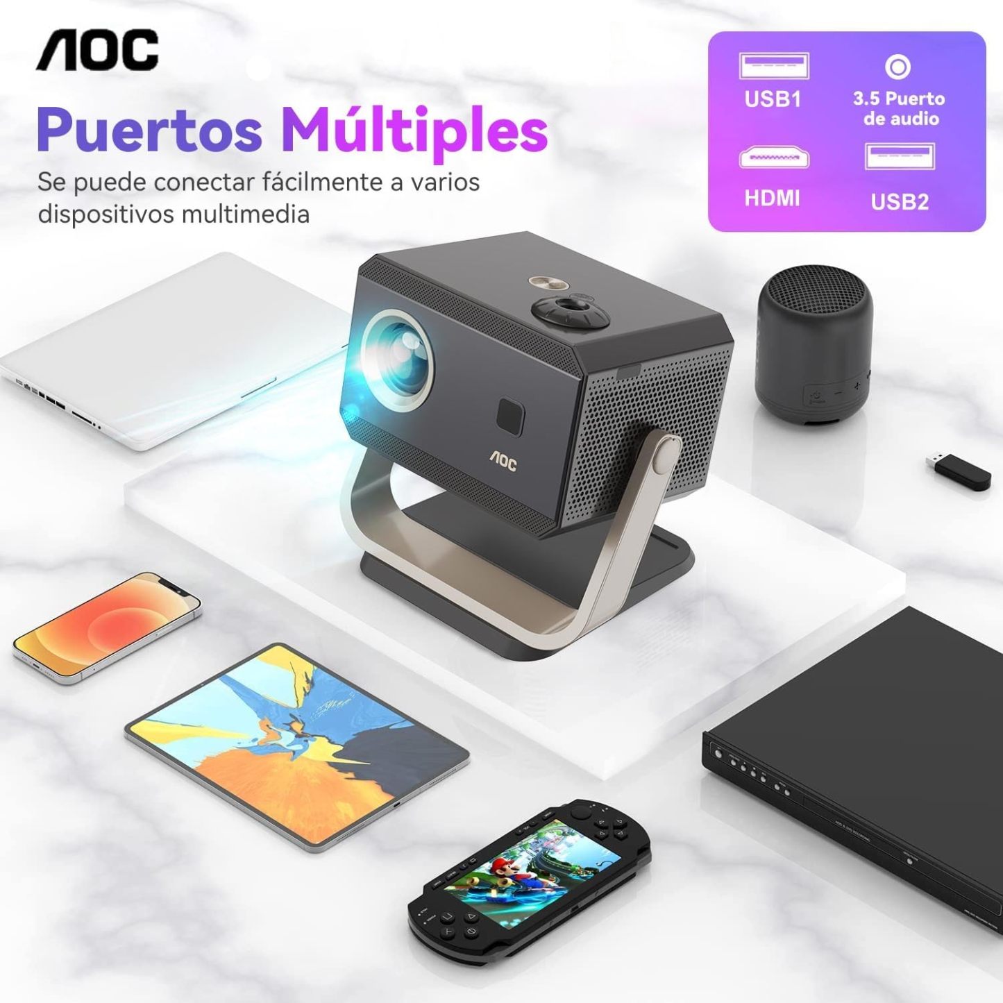 AOC Proyector portátil 4K Full HD,Enfoque automático,corrección Trapezoidal y ángulo Ajustable,con WiFi6 y Bluetooth,15000 lúmenes,Compatible con iOS,Android,PC,PS4 y PS5 para Trabajar y Jugar