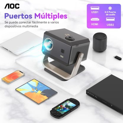 AOC Proyector portátil 4K Full HD,Enfoque automático,corrección Trapezoidal y ángulo Ajustable,con WiFi6 y Bluetooth,15000 lúmenes,Compatible con iOS,Android,PC,PS4 y PS5 para Trabajar y Jugar