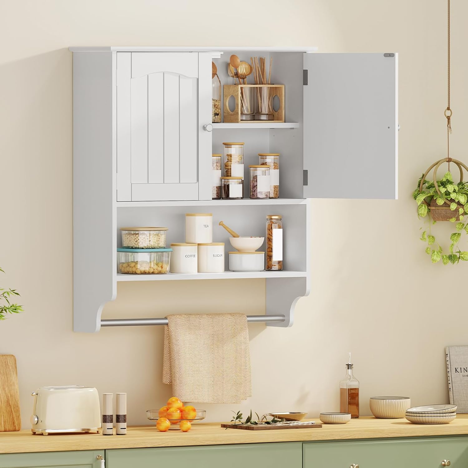 Iwell Mueble de baño montado en la pared con toallero y estante ajustable, clóset de almacenamiento sobre el inodoro, gabinete de medicina para baño, blanco