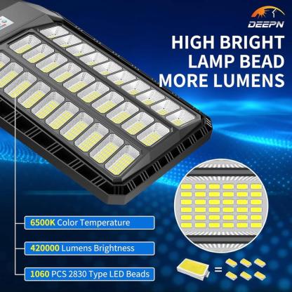Farola solar con 750 LED, resistente al agua IP66, lámpara LED para exteriores con sensor de movimiento y control remoto, iluminación para jardines y patios (encendido automático al anochecer).