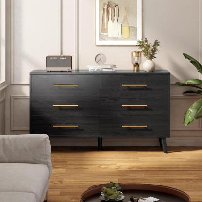 Cómoda de 6 Cajones para Recámara - Cajonera de Madera con Tiradores de Metal, Mueble de Almacenamiento Organizador para Dormitorio, Sala de Estar, Entrada (Negro)
