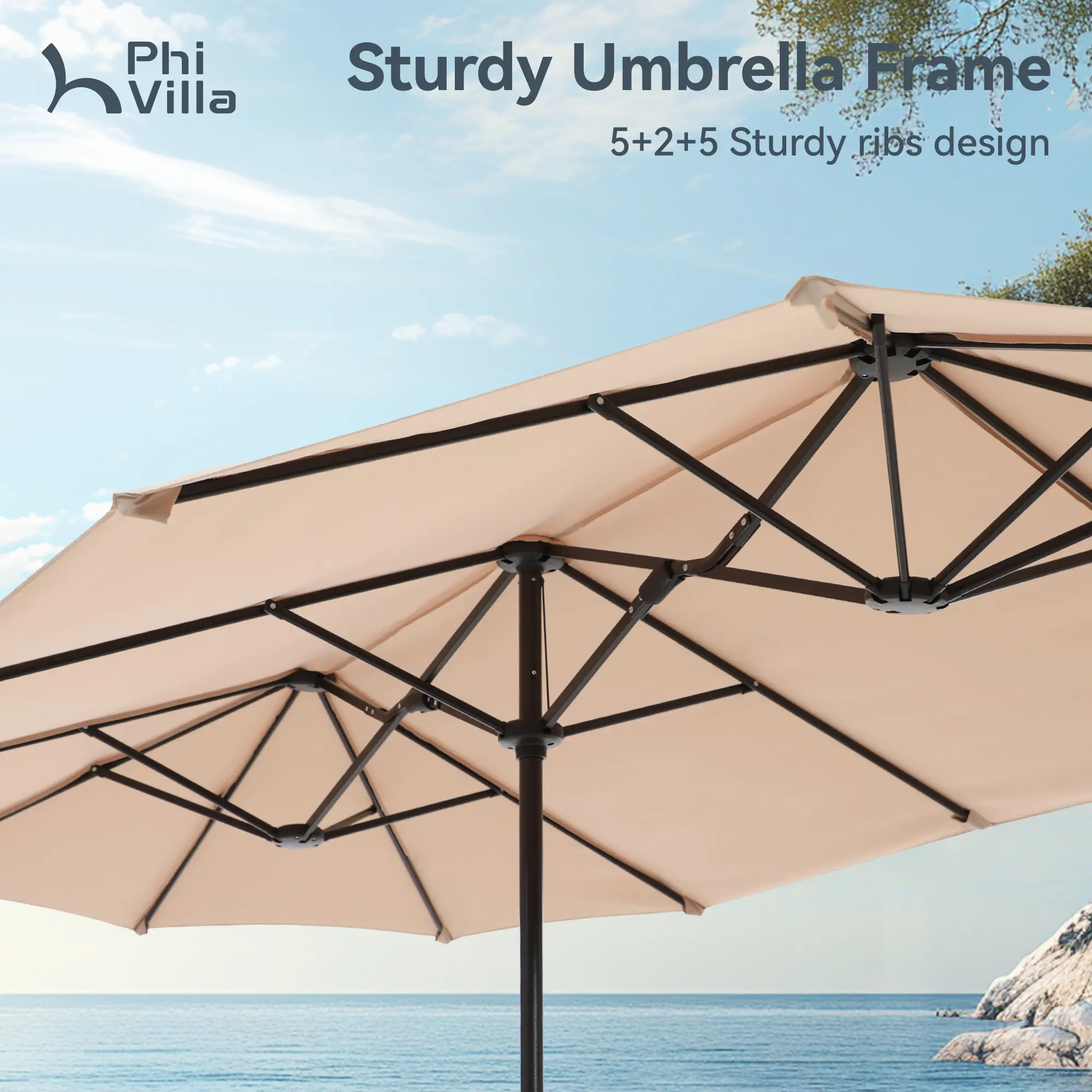 Sombrilla Solar para Patio de 15/13 pies con Base — Sombrilla Doble Extra Grande para Exteriores con 36 Luces LED y Manivela, Ideal para Jardín, Terraza, Piscina y Patio