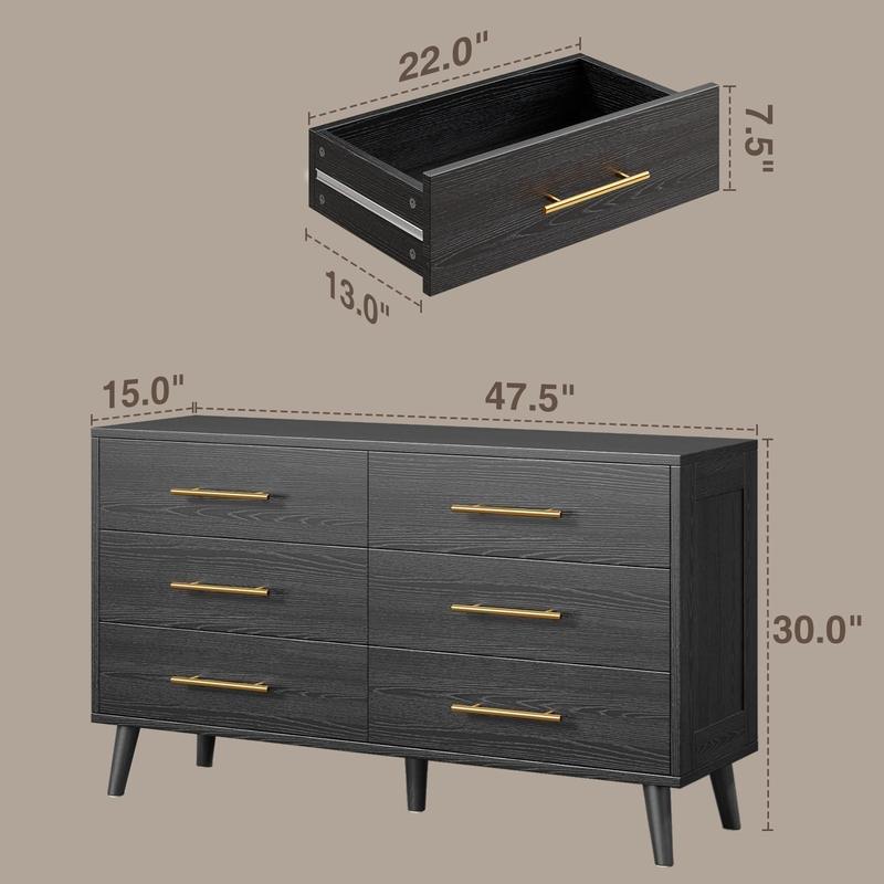 Cómoda de 6 Cajones para Recámara - Cajonera de Madera con Tiradores de Metal, Mueble de Almacenamiento Organizador para Dormitorio, Sala de Estar, Entrada (Negro)
