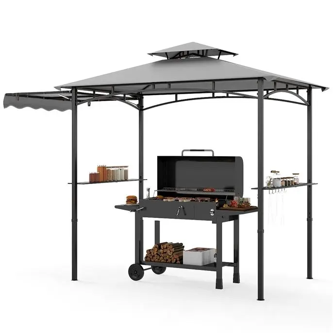 [Regalo para el Día de la Madre] Cenador para Parrilla con Toldo Lateral — Cenador de 2 Niveles para Barbacoa con Estantes, Ganchos Colgantes y Abrebotellas — Toldo Exterior para Parrilla (Ideal para Patio Trasero, Jardín o Zona de Piscina)
