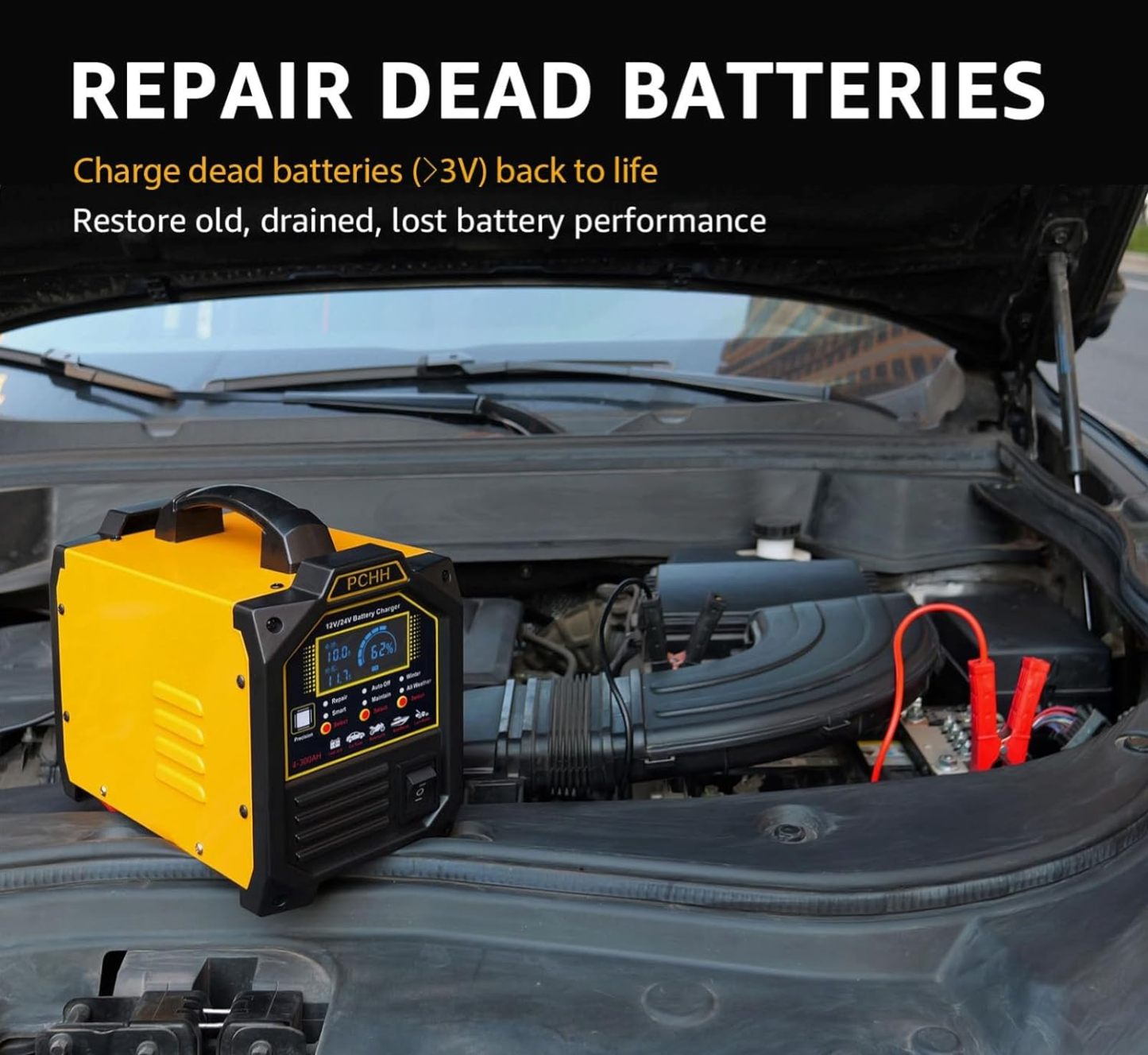 PCHH - Cargador de batería de coche de 12 V 24 V, resistente, mantenedor automático de batería de 0 a 15 A, cargador inteligente con apagado automático, reparación, modo de invierno, para automóvil,