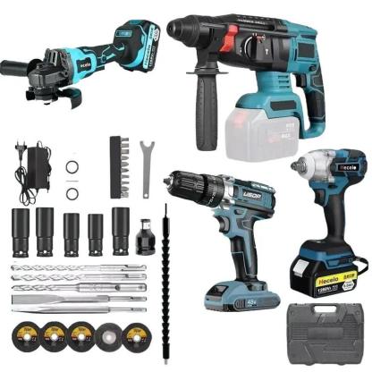Kit de herramientas Profesional 4 en 1 Brushless | Taladro Inalámbrico, Llave de Impacto, Amoladora Angular y Rotomartillo SDS | 2 Baterías | Kit Completo para Hogar y Carpintería