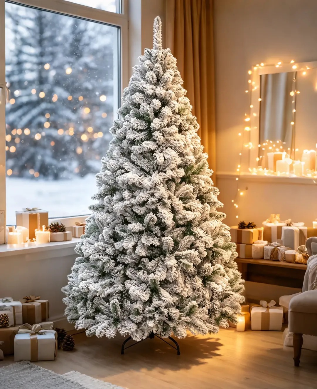 Árbol de Navidad artificial nevado de 7 u 8 pies (aprox. 2,1 o 2,4 m), pino verde de alta calidad sin luces, ramas tupidas y densas, soporte metálico para interiores y fiestas en casa.