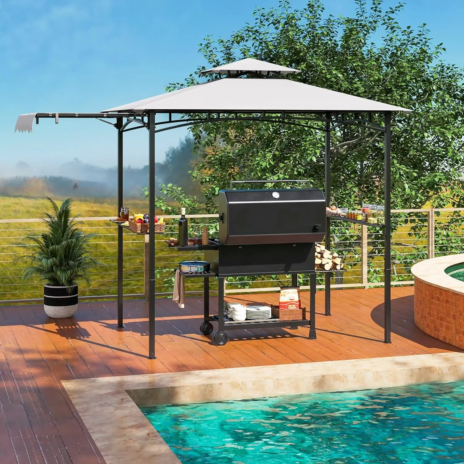 [Regalo para el Día de la Madre] Cenador para Parrilla con Toldo Lateral — Cenador de 2 Niveles para Barbacoa con Estantes, Ganchos Colgantes y Abrebotellas — Toldo Exterior para Parrilla (Ideal para Patio Trasero, Jardín o Zona de Piscina)