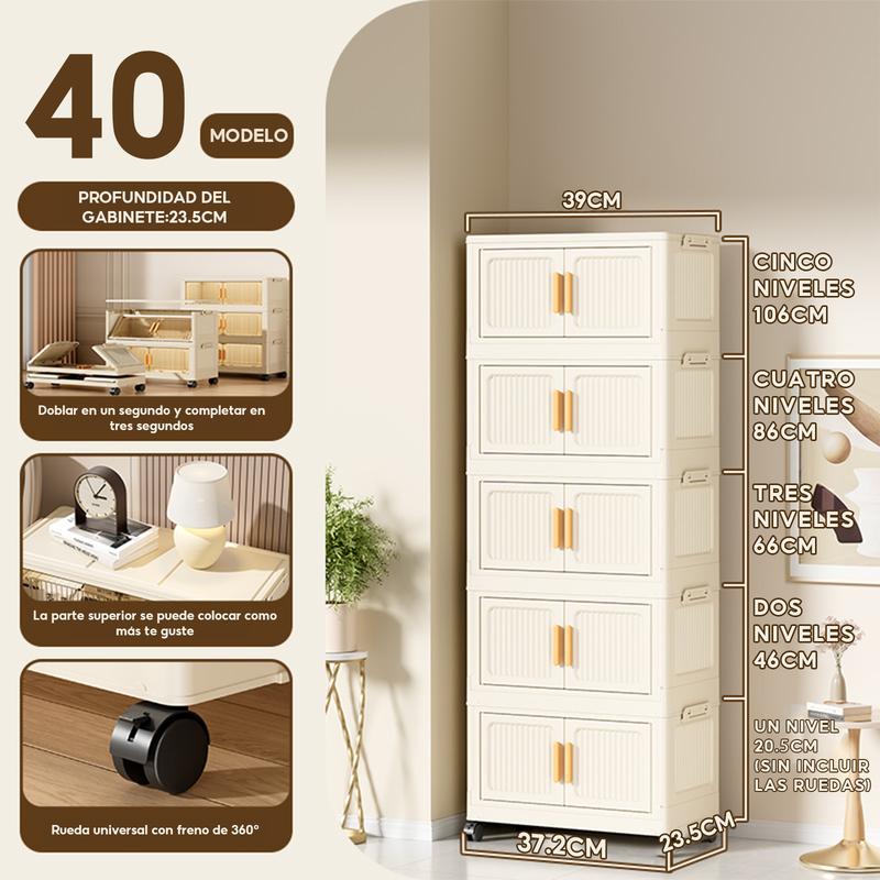 Caja de almacenamiento de plástico plegable de 5 capas: contenedor organizador apilable con tapa y ruedas con puerta transparente, adecuado para cocina, baño, sala de estar