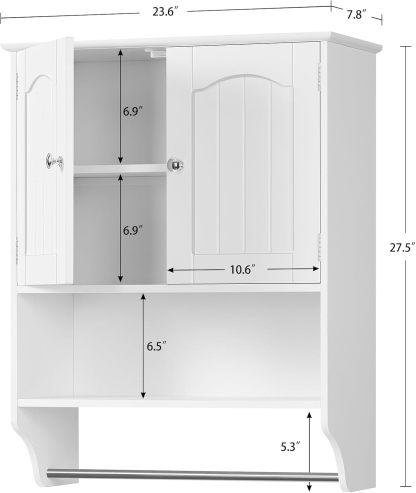 Iwell Mueble de baño montado en la pared con toallero y estante ajustable, clóset de almacenamiento sobre el inodoro, gabinete de medicina para baño, blanco