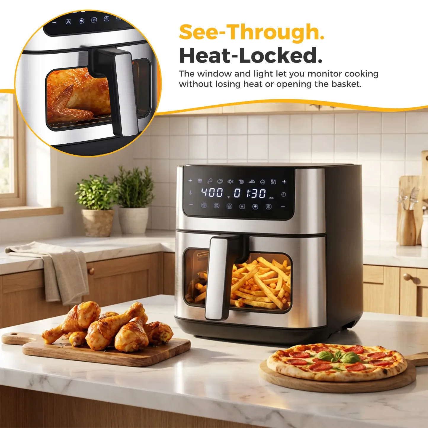 Freidora de aire 6.34QT con ventana, 8 funciones, 400°F, temporizador 90 min, canasta antiadherente apta para lavavajillas, acero inoxidable