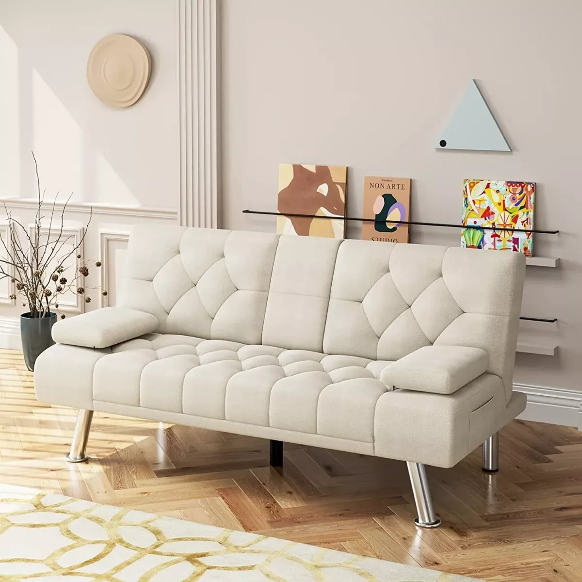 Sofá cama futón plegable portavasos de piel sintética marrón