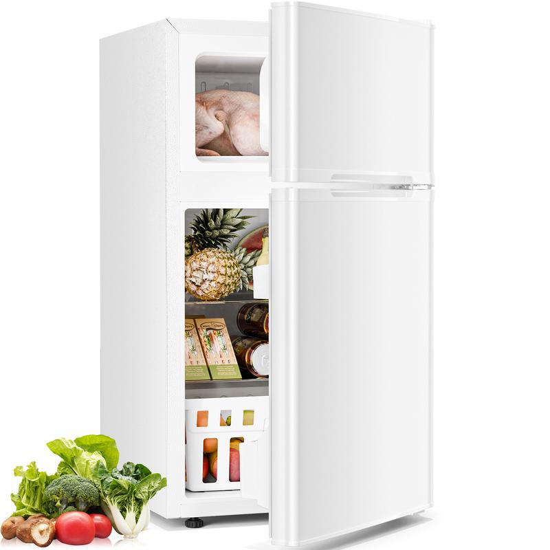 [Existencias limitadas] Mininevera de 3,2 pies cúbicos con congelador; refrigerador compacto de doble puerta con estantes ajustables y extraíbles, ideal para dormitorios, apartamentos, oficinas o sótanos.