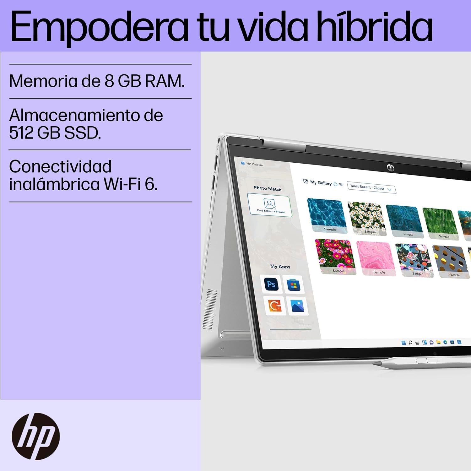 HP Laptop Pavilion x360 14-ek0010la, Intel Core i3, 8 GB RAM, 512 GB SSD, FHD, 14", Táctil, Windows 11 Home, Teclado en Español, Garantía México, Plateado