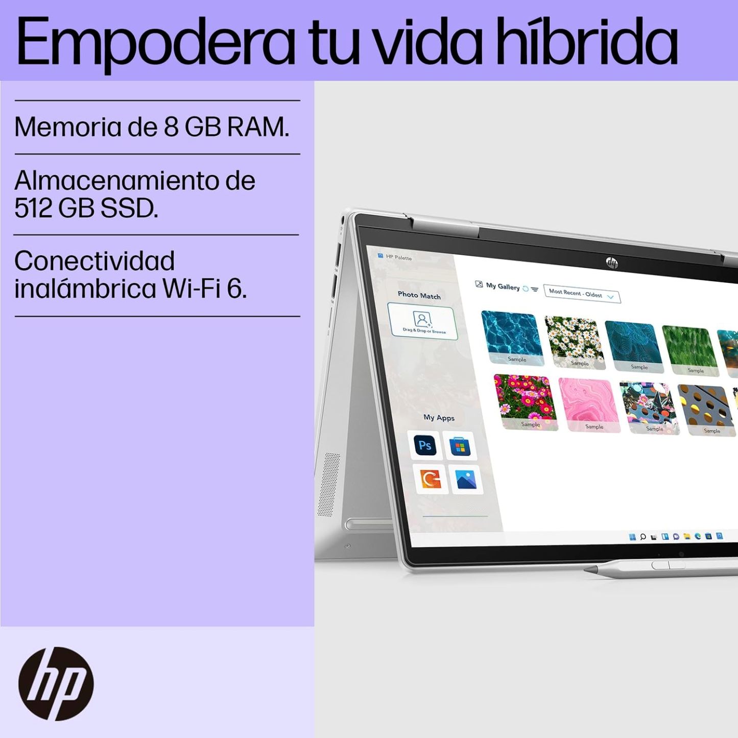HP Laptop Pavilion x360 14-ek0010la, Intel Core i3, 8 GB RAM, 512 GB SSD, FHD, 14", Táctil, Windows 11 Home, Teclado en Español, Garantía México, Plateado