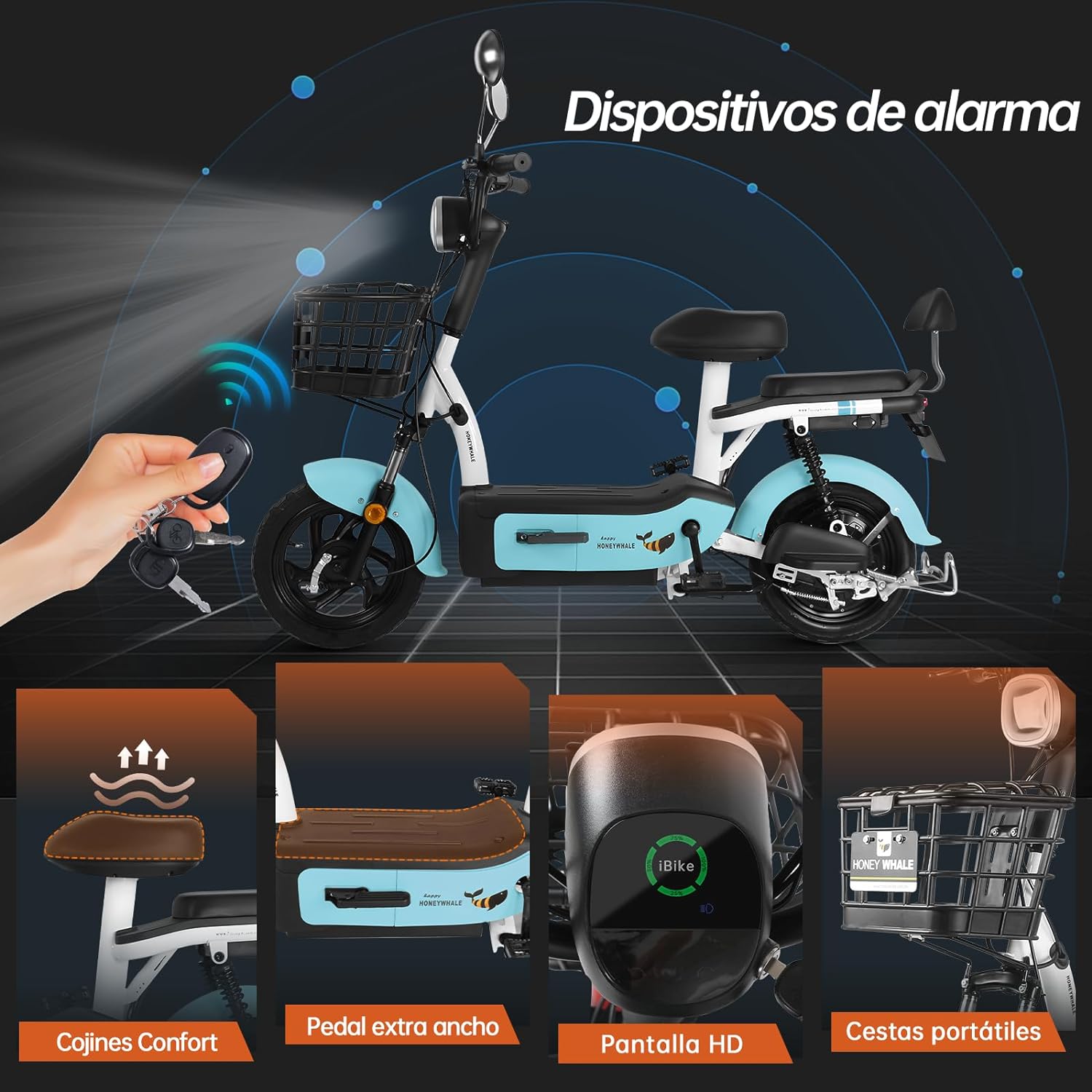 HONEYWHALE U1s Bicicleta eléctrica para adultos, bicicleta eléctrica con alarma, motor máximo 650W, velocidad máxima 31KM/H, autónoma 60-65KM, batería de gran capacidad 20AH, dos asientos