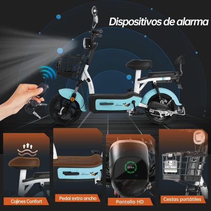 HONEYWHALE U1s Bicicleta eléctrica para adultos, bicicleta eléctrica con alarma, motor máximo 650W, velocidad máxima 31KM/H, autónoma 60-65KM, batería de gran capacidad 20AH, dos asientos