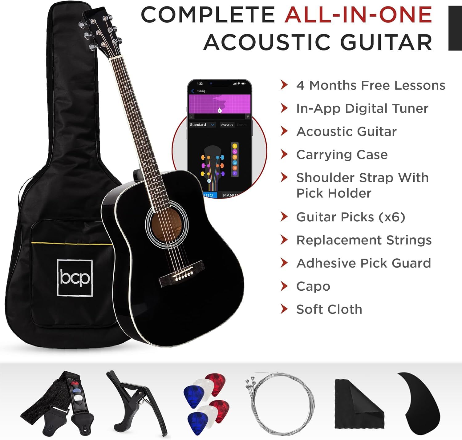 Best Choice Products - Guitarra acústica de madera de 41 pulgadas, negra, kit de guitarra, para principiantes y avanzados, incluye accesorios y bolsa de concierto