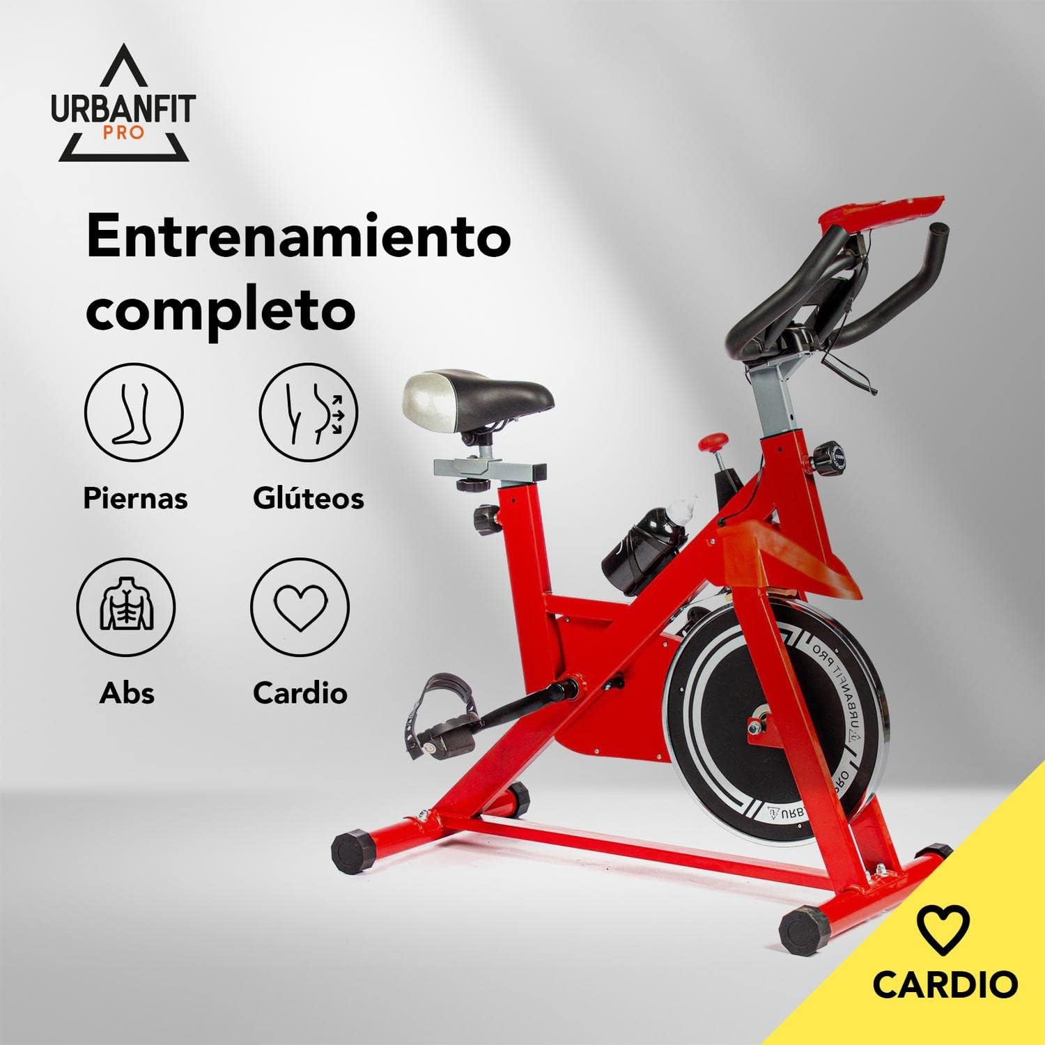 UrbanFit Pro - Bicicleta para Spinning, Estática - Disco de 7 kg - Monitor Electrónico, 6 Funciones - Bici Fija, Ajustable - Cardio en Casa - Varios Colores