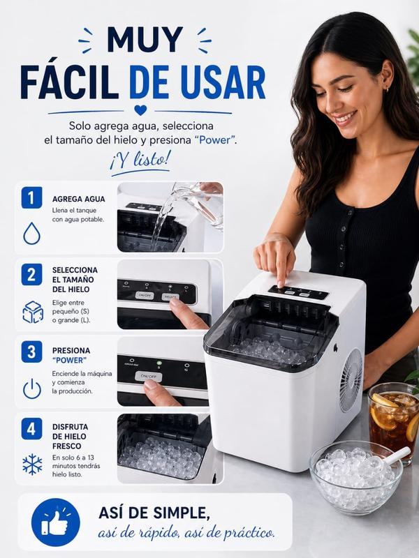Máquina de Hielo Portátil Automática | Hielo en Minutos, Compacta y Silenciosa con 2 Tamaños de Cubo