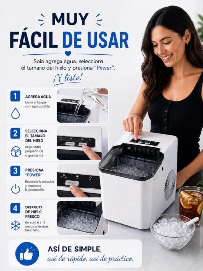 Máquina de Hielo Portátil Automática | Hielo en Minutos, Compacta y Silenciosa con 2 Tamaños de Cubo