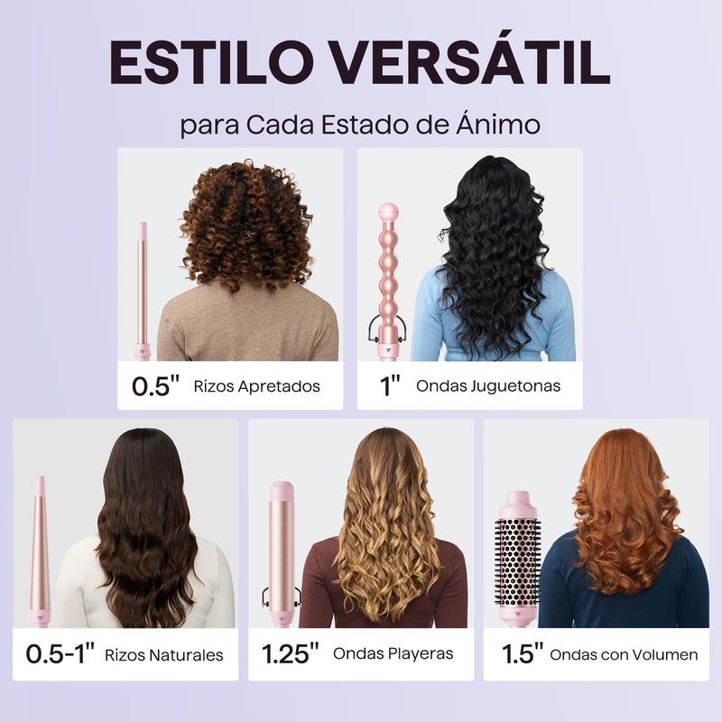 Wavytalk Multi Curl, 5 en 1 Ceramic Curling Wand, rizador de pelo de calentamiento rápido de 1/2 a 1 1/2 pulgadas y cepillo térmico, rizador de pelo de doble voltaje
