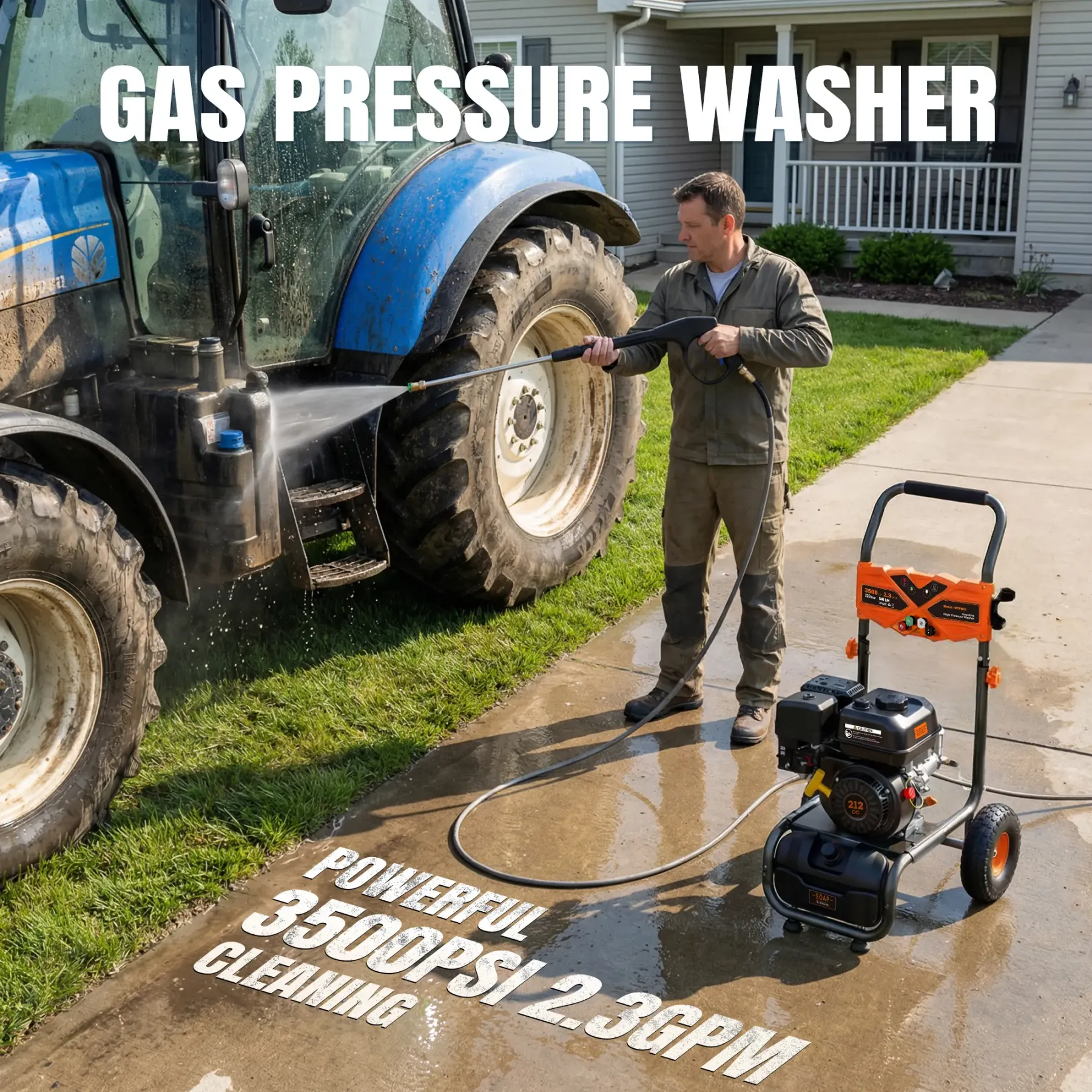 Hidrolavadora a gasolina Efurden de 3500 PSI y 2.3 GPM — Hidrolavadora de alta potencia y uso rudo, con motor de 209 cc y 7 HP, manguera de presión de 25 pies, bomba axial de aluminio, tanque para jabón y 4 boquillas de conexión rápida.